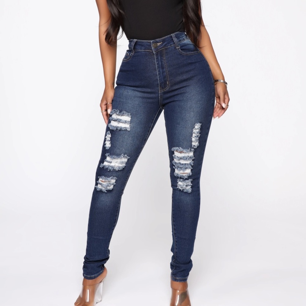 Dark blue denim high waisted ripped skinny jeans